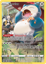 1boy artist_name black_hair bowl broken card_(medium) character_name chopsticks claws closed_eyes company_name copyright_name copyright_notice dripping eating english_text facial_hair fangs food gen_1_pokemon holding holding_chopsticks holding_food kamado_(pokemon) mustache nintendo official_art open_mouth plant plate pokemon pokemon_(creature) pokemon_card pokemon_legends:_arceus pokemon_tcg saitou_kouki short_hair sign sitting snorlax steam table thick_eyebrows third-party_source trading_card umbrella v-shaped_eyebrows wooden_table