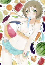 10s 1girl absurdres bad_id bad_yandere_id ball bangle beachball bikini bikini_skirt blush bracelet breasts brown_hair carrot cleavage collarbone corn cowboy_shot eggplant eyebrows female_focus food food_in_mouth frilled_bikini frills fruit grapes green_eyes hair_between_eyes halterneck highres jewelry kippu large_breasts melon mouth_hold nail_polish nakazawa_minori navel necklace no-rin onion pleated_skirt polka_dot polka_dot_bikini polka_dot_swimsuit popsicle potato ribbon short_hair simple_background skirt solo sweat swimsuit tupet watermelon white_background white_bikini