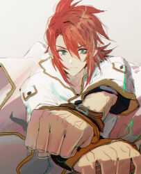 Rule 34 | 1boy, aqua eyes, belt, belt buckle, brown belt, buckle, clenched hands, closed mouth, coat, gold trim, hair between eyes, looking at viewer, luke fon fabre, male focus, red hair, simple background, sketch, solo, tales of (series), tales of the abyss, tsukimura noe, upper body, white background, white coat, wrist belt