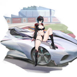 1girl absurdres azur_lane black_boots black_hair black_jacket boots breasts car choker cleavage crotch_zipper full_body hair_between_eyes high_heel_boots high_heels highres horns jacket jpeg_artifacts knee_boots latex latex_panties long_sleeves mechanical_horns medium_breasts motor_vehicle multi-strapped_panties navel official_alternate_costume on_car open_clothes open_jacket panties patent_boots patent_heels race_queen red_horns short_hair sitting solo spiked_choker spikes suo_bu_ye_feng ulrich_von_hutten_(azur_lane) ulrich_von_hutten_(ignition_matrician)_(azur_lane) underwear yellow_eyes zipper