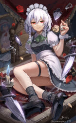 1girl absurdres adversarial_noise apron black_shoes bow braid breasts candle closed_mouth commentary_request green_bow grey_hair hair_bow high_heels highres holding holding_pocket_watch indoors izayoi_sakuya knife kyanonpan50 legs long_hair looking_at_viewer maid maid_headdress painting_(object) pocket_watch puffy_short_sleeves puffy_sleeves red_eyes red_nails remilia_scarlet shoes short_sleeves smile solo thigh_strap touhou twin_braids twitter_username waist_apron watch watermark white_apron