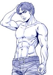 1boy abs belt belt_buckle buckle closed_mouth collarbone commentary_request fear_&amp;_hunger_(series) fear_&amp;_hunger_2:_termina hand_on_own_head highres male_focus marcoh_(fear_&amp;_hunger) monochrome muscular muscular_male navel nipples pants short_hair simple_background solo topless_male white_background yoshinaga_yuki