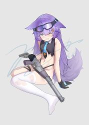 1girl absurdres ahoge animal_ear_fluff animal_ears arm_support as_val assault_rifle bare_shoulders black_gloves black_shirt blue_necktie breasts commentary_request dated ears_down feet fox_ears fox_girl full_body gloves goggles goggles_on_head grey_background gun hair_ornament highres holding jerry_wang kalashnikov_rifle lapels long_hair mixed-language_commentary navel necktie no_shoes open_mouth original purple-tinted_eyewear purple_eyes purple_hair purple_tail rifle shirt signature simple_background single_thighhigh sitting sleeveless sleeveless_shirt small_breasts solo suppressor suspenders tail tearing_up thigh_strap thighhighs thighs tinted_eyewear toes torn_clothes torn_shirt torn_thighhighs wariza weapon white_thighhighs zettai_ryouiki