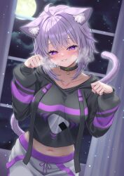 1girl ahoge animal_collar animal_ear_fluff animal_ears black_collar black_hoodie blush breath breathing cat_ears cat_girl cat_tail collar cropped_hoodie crossed_bangs curtains double-parted_bangs drawstring food_print grin hair_between_eyes hands_up hashtag-only_commentary highres hololive hood hoodie indoors kotone_neruneru long_sleeves looking_at_viewer messy_hair midriff moon navel nekomata_okayu nekomata_okayu_(1st_costume) night night_sky onigiri_print pants paw_pose purple_eyes purple_hair short_hair sky sleeves_past_wrists smile solo straight-on tail virtual_youtuber white_pants window