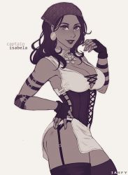 1girl artist_name bandana black_gloves black_thighhighs breasts character_name cleavage dark-skinned_female dark_skin dragon_age dragon_age_2 earrings face_piercing fingerless_gloves gloves hand_on_own_hip hand_up iahfy isabela_(dragon_age) jewelry large_breasts lip_piercing looking_at_viewer muted_color parted_lips piercing print_bandana red_bandana simple_background smile solo thighhighs white_background