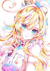 1girl ahoge blonde_hair blue_eyes blush breasts closed_mouth commentary_request escoffier_(genshin_impact) frilled_wrist_cuffs frills genshin_impact hair_between_eyes hand_up heart heart_in_eye highres long_hair looking_at_viewer medium_breasts signature smile solo symbol_in_eye touka_(pixiv71609120) upper_body very_long_hair white_background wrist_cuffs