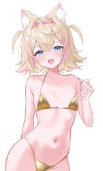 Rule 34 | 1girl, :3, :d, absurdres, alternate costume, animal ear fluff, animal ears, bandaid, bandaid hair ornament, bikini, blonde hair, blue eyes, commentary, cowboy shot, crossed bangs, dog ears, dog girl, dog tail, double-parted bangs, english commentary, fang, flat chest, gold bikini, golden week, hair between eyes, hair intakes, hair ornament, hairband, highres, hololive, hololive english, horn hairband, looking at viewer, mococo abyssgard, multicolored hair, navel, open mouth, pink hair, pink hairband, ri nyahn, short hair, simple background, skin fang, smile, solo, stomach, straight-on, strap pull, streaked hair, string bikini, swimsuit, tail, two side up, virtual youtuber, white background, x hair ornament