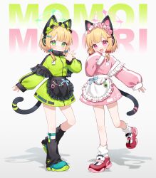 2girls absurdres alternate_costume animal_ear_headphones animal_ears black_leg_warmers blonde_hair blue_archive cat_ear_headphones cat_tail character_name commentary dress fake_animal_ears fake_tail full_body green_dress green_eyes green_halo green_shoes halo headphones highres leg_warmers long_sleeves looking_at_viewer midori_(blue_archive) miyayoki momoi_(blue_archive) multiple_girls pink_dress pink_eyes pink_halo red_shoes shadow shoes siblings sisters socks standing standing_on_one_leg tail twins white_background white_socks