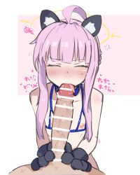 1boy 1girl ahoge animal_ears animal_hands bar_censor blue_archive cat_ears censored closed_eyes fake_animal_ears fellatio flat_chest gloves hagire_nuno halo hetero highres huge_penis kaya_(blue_archive) nipples open_mouth oral paw_gloves penis pink_hair pov pov_crotch solo_focus sound_effects tongue tongue_out yellow_halo