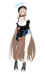 1girl absurdres alternate_costume anyak05 arm_up asuna_(blue_archive) asymmetrical_bangs bare_legs beanie black_bag black_bra black_choker black_hat black_jacket blue_archive blush bra bra_strap breasts brown_hair casual choker cleavage collarbone commentary commission converse denim denim_shorts earrings fingernails full_body hair_over_one_eye halo hat highres jacket jacket_partially_removed jewelry large_breasts leather leather_jacket long_hair looking_at_viewer mole mole_on_breast nail_polish necklace one_eye_covered reference_inset short_shorts shorts smile socks solo straight_hair tank_top underwear very_long_hair white_socks white_tank_top