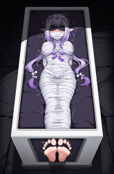 1girl a-utism absurdres arms_behind_back bandages barefoot bdsm blindfold blush bondage bound bow breasts castorice_(honkai:_star_rail) flower gagged hair_bow hair_flower hair_ornament highres honkai:_star_rail honkai_(series) large_breasts long_hair lying mummification_(bound) nose_blush on_back pink_flower pointy_ears purple_flower solo very_long_hair white_bow