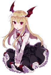 1girl bad_id bad_pixiv_id bat_wings black_skirt blonde_hair blush collared_shirt commentary_request female_focus flower frilled_shirt frilled_skirt frills granblue_fantasy highres ikeuchi_tanuma long_hair long_sleeves looking_at_viewer open_mouth own_hands_together pointy_ears red_eyes red_flower shirt simple_background skirt solo vampire vampy white_background white_shirt wing_collar wings