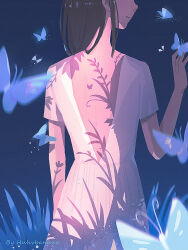 1girl artist_name black_hair blue_butterfly brown_hair bug butterfly closed_mouth dress from_behind grass hand_up huhv. insect long_hair original short_sleeves smile solo white_dress