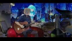 1boy 1girl alcohol beer brown_hair cityscape closed_eyes couch grand_piano guitar hand_on_another&#039;s_shoulder highres instrument maid non-web_source on_couch piano playing_guitar sitting smile taiki_(luster)