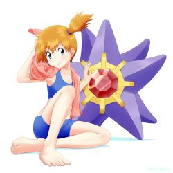 1girl barefoot blush closed_mouth collarbone commentary_request eyelashes gen_1_pokemon green_eyes hair_tie highres holding holding_towel kuroki_shigewo looking_to_the_side misty_(pokemon) nintendo orange_hair pokemon pokemon_(creature) pokemon_frlg side_ponytail sitting smile starmie swimsuit toenails toes towel towel_around_neck