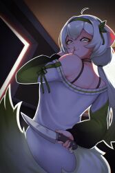 :3 absurdres ahoge animal_ears arm_behind_back back bare_shoulders bra_strap dark_room dim_lighting doorway ferret ferret_ears ferret_girl ferret_tail gradient_hair green_hair green_nails green_sweater green_tail hair_ribbon hairband highres holding holding_behind_back holding_knife holding_knife_behind_back holding_weapon indie_virtual_youtuber jewelry knife laimu_(vtuber) laimu_(vtuber)_(cozy) looking_at_viewer looking_down multicolored_hair multicolored_sweater multicolored_tail necklace perspective pink_nails ribbon sioell smug subsurface_scattering sweater tail two-tone_hair vinesauce virtual_youtuber weapon white_hair white_sweater white_tail