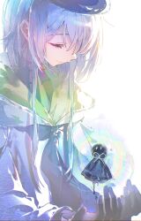 1boy absurdres arknights beret black_gloves black_necktie blue_hair blue_hat closed_eyes gloves hands_up hat highres hood hoodie long_hair magic male_focus mizuki_(arknights) necktie simple_background solo teruterubouzu upper_body white_background white_hoodie xing_(gloryxing)
