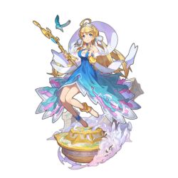 1girl ahoge bare_shoulders bird blonde_hair blue_dress blue_eyes breasts cleavage collarbone dragalia_lost dress holding holding_staff large_breasts long_hair looking_at_viewer official_art pedestal saitou_naoki smile solo staff third-party_source very_long_hair zethia