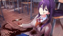 1girl arms_at_sides bags_under_eyes blazer blood blood_on_body blood_on_clothes blood_on_face blood_on_ground blood_on_hands blood_splatter blood_stain blood_trail bloody_knife blue_skirt breasts brown_jacket brown_sweater_vest button_gap buttons classroom collared_shirt corpse day death decay desk doki_doki_literature_club doki_doki_literature_club_school_uniform dot_nose double-parted_bangs dress_shirt dried_blood empty_eyes eyebrows_hidden_by_hair fallen_down fingernails game_cg grey_jacket hair_between_eyes hair_intakes hair_ornament hairclip half-closed_eyes highres horror_(theme) impossible_clothes indoors injury jacket knife large_breasts leaning_back leaning_on_object light_smile long_eyelashes long_hair long_sidelocks long_sleeves neck_ribbon non-web_source official_art on_floor open_hands pale_skin parted_lips pleated_skirt pool_of_blood purple_eyes purple_hair raised_inner_eyebrows red_ribbon ribbon satchely school school_desk school_uniform self-harm shirt sidelocks sitting skirt smile solo spoilers stab suicide sunlight sweater_vest teeth thick_eyelashes upper_body variant_set very_long_hair window_shadow wing_collar wooden_chair wooden_desk wooden_floor yuri_(doki_doki_literature_club)