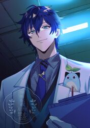 Rule 34 | 1boy, animal, animal in clothes, aqua eyes, aqua sweater vest, blue hair, blue necktie, clipboard, gloves, grey shirt, highres, holding, holding clipboard, indoors, jacket, kakaramama, leos vincent, leos vincent (1st costume), male focus, mameneko (leos vincent), necktie, nijisanji, object in pocket, open clothes, open jacket, pen in pocket, pocket, shirt, short hair, smile, solo, tie clip, upper body, white gloves, white jacket