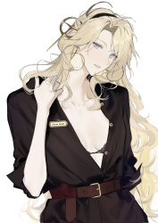 1girl animal_ears arknights belt black_bra black_hairband black_jacket blonde_hair blue_eyes bra breasts brown_belt cleavage collarbone commentary corrupted_twitter_file curtained_hair dog_ears dog_girl droopy_ears hairband hand_on_own_shoulder highres jacket joshua_(shisanli934) kristen_(arknights) long_hair looking_at_viewer medium_breasts name_tag parted_lips simple_background solo symbol-only_commentary underwear veins veiny_breasts white_background