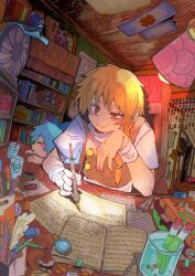 2girls absurdres black_vest blonde_hair blue_bow blue_hair blush book book_stack bookshelf bow braid broom buttons candle chair cirno closed_eyes closed_mouth cup desk_lamp door door_handle doorway drinking drinking_glass drinking_straw drinking_straw_in_mouth electric_fan eraser gloves hair_between_eyes hair_bow hand_on_own_cheek hand_on_own_face hands_on_table hat head_on_hand highres holding holding_pen ice inkwell inuyama_konan jar kirisame_marisa lamp light_bulb looking_at_object magnifying_glass mason_jar mechanical_pencil model_ship multiple_girls mushroom nib_pen_(object) no_headwear one_eye_narrowed open_book paper pen pencil poster_(object) quill short_hair short_sleeves side_braid single_glove sitting stationery stuffed_animal stuffed_toy table tape test_tube touhou tsurime undershirt upper_body vest white_gloves white_undershirt white_wrist_cuffs witch_hat wrist_cuffs writing yellow_eyes