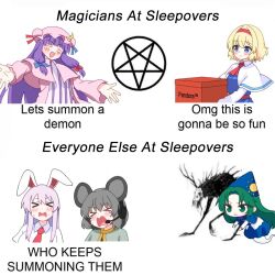Rule 34 | 1other, 5girls, alice margatroid, animal ears, blonde hair, blue capelet, blue dress, blue eyes, blush, bnelsey, box, capelet, crescent, crescent hat ornament, dress, ghost tail, green eyes, green hair, grey hair, hairband, hat, hat ornament, headset, holding, holding box, inverted pentagram, long hair, long sleeves, meme, mima (touhou), mob cap, mouse ears, multiple girls, nazrin, necktie, open mouth, patchouli knowledge, purple hair, rabbit ears, rabbit girl, reisen udongein inaba, ribbon, shirt, short hair, smile, striped clothes, striped dress, sun print, sun symbol, touhou, touhou (pc-98), vertical-striped clothes, vertical-striped dress, wizard hat