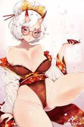 1girl absurdres areola_slip artist_name bare_shoulders blush breasts bunnixia cleavage collarbone cup fingernails food glass groin hair_bun hair_ornament hairpin highres holding holding_cup horns japanese_clothes lips medium_breasts nail_polish nintendo off_shoulder oni onigiri open_mouth parted_lips purah red-framed_eyewear sakazuki shiny_skin skin-covered_horns solo the_legend_of_zelda the_legend_of_zelda:_tears_of_the_kingdom thick_thighs thighs white_hair wide_hips