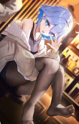1girl absurdres ahoge bar_(place) bare_shoulders black_pantyhose black_shirt black_shorts blue_eyes blue_hair bottle brown_sweater coat cup eyes_visible_through_hair feet furina_(genshin_impact) genshin_impact hair_between_eyes hair_over_one_eye heterochromia highres indoors jewelry long_sleeves looking_at_viewer multicolored_hair necklace no_shoes open_clothes open_coat open_mouth otabaaa pantyhose shirt short_hair shorts sleeveless sleeveless_shirt smile soles sweater toes wine_bottle