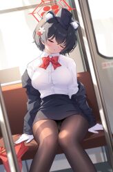 1girl absurdres akovo animal_ear_fluff animal_ears arm_support black_hair black_jacket black_pantyhose black_skirt blazer blue_archive blurry blush bow bowtie breasts commentary_request depth_of_field garrison_cap gloves hair_ornament halo hat head_tilt highres jacket knees_together_feet_apart large_breasts long_sleeves miniskirt off_shoulder official_alternate_costume one_eye_closed open_clothes open_jacket open_mouth panties panties_under_pantyhose pantyhose pencil_skirt pole raccoon_ears raccoon_girl red_bow red_bowtie red_halo shirt shirt_tucked_in short_hair sitting skirt sleepy solo train_interior tsubaki_(blue_archive) tsubaki_(guide)_(blue_archive) underwear white_gloves white_shirt