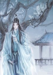 1boy architecture black_hair branch building chinese_clothes closed_mouth east_asian_architecture falling_petals faux_traditional_media flower half-closed_eyes hanfu headband highres ink_wash_painting kcllzas163 lan_wangji light_particles long_hair long_sleeves looking_down male_focus modao_zushi outdoors petals robe sky sleeves_past_wrists snow snowing solo standing tassel third-party_source topknot tree upper_body very_long_hair white_flower white_hanfu white_headband wide_sleeves xiao_guan_(headdress) yaopei