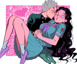 1boy 1girl blush border commentary couple diamond_wa_kudakenai gakuran hirose_koichi holding_hands jojo_no_kimyou_na_bouken long_hair oniyama831 school_uniform serafuku sweat white_border yamagishi_yukako