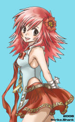 Rule 34 | 1girl, 2000s (style), 2006, arms behind back, artist name, belt, blue background, breasts, brown belt, commentary request, cowboy shot, flower, grey eyes, grey shirt, hair flower, hair ornament, hand up, hip vent, john (strike-shank), long hair, looking at viewer, looking to the side, medium breasts, open mouth, pink hair, ragnarok online, red flower, red skirt, shirt, sideboob, simple background, skirt, sleeveless, sleeveless shirt, smile, solo, taekwon (ragnarok online)