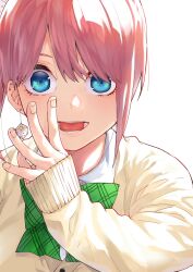 1girl blue_eyes bow bowtie cardigan dice dice_hair_ornament earrings go-toubun_no_hanayome green_bow green_bowtie hair_ornament highres jewelry nakano_ichika pink_hair yongo_(ssaa9675)
