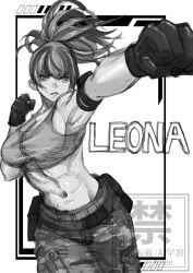 1girl armlet bare_shoulders breasts camouflage camouflage_pants character_name gloves greyscale jewelry leona_heidern midriff monochrome navel pants ponytail pouch rosie_rosie sleeveless solo tank_top the_king_of_fighters toned watermark
