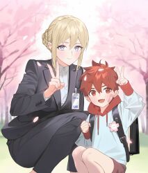 1boy 1girl :d absurdres backpack bag black_bag blonde_hair brown_shorts clenched_hand closed_mouth collared_shirt commentary day eyelashes falling_petals fang grey_eyes highres hood hood_down hoodie jacket kiino_(keeeno_7th) medium_hair open_mouth original outdoors pants petals shirt shorts smile squatting tassel tongue tree v