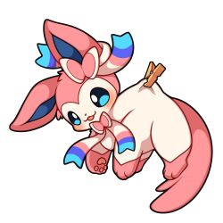 Rule 34 | absurdres, blue eyes, blush, bow, gen 6 pokemon, hanging, highres, nintendo, pawpads, pokemon, pokemon (creature), ribbon, sevi (seviyummy), simple background, smile, solo, sylveon, tongue, tongue out, white background