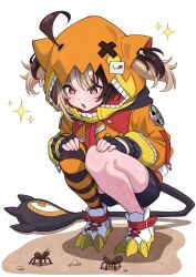 +_+ 1girl absurdres ahoge animal_ear_hood ant black_gloves black_shorts blush brown_hair bug commentary fake_animal_ears fingerless_gloves gigi_murin gigi_murin_(1st_costume) gloves hair_through_hood highres hololive hololive_english hood hood_up hoodie huge_ahoge insect long_sleeves looking_down mekato multicolored_hair open_mouth orange_hood orange_hoodie paw_shoes pink_eyes puffy_long_sleeves puffy_sleeves shorts simple_background solo sparkle squatting striped_clothes striped_thighhighs symbol-only_commentary tail thighhighs twintails two-tone_hair virtual_youtuber white_background