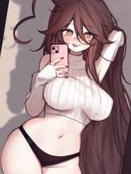 1girl absurdres ahoge black_panties blush breasts brown_eyes brown_hair cellphone closed_mouth collarbone detached_sleeves eyebrows_hidden_by_hair eyes_visible_through_hair hair_between_eyes hazel_eyes heart heart_ahoge highres holding holding_phone huge_ahoge indie_virtual_youtuber iphone large_breasts long_hair looking_at_mirror looking_at_viewer mirror mirror_selfie navel panties phone selfie shadow sky_above_me sky_above_me_(vtuber) sleeveless sleeveless_sweater sleeveless_turtleneck sleeveless_turtleneck_sweater smartphone sweater swept_bangs thighs tongue tongue_out turtleneck turtleneck_sweater underwear very_long_hair virtual_youtuber