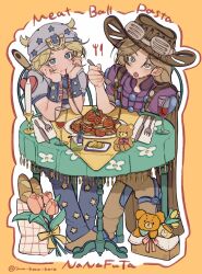 2boys absurdres alcohol bag baguette beanie beard blonde_hair blue_eyes blue_pants boots bread brown_boots brown_cape brown_hair brown_hat candle candlestand cape chair chaps cowboy_hat cup drinking_glass eating facial_hair flower food fork goggles goggles_on_headwear green_eyes grey_hat grey_hoodie gyro_zeppeli hands_on_own_face hat highres holding holding_fork hood hood_down hoodie horseshoe_hat_ornament horseshoe_ornament inu_koro_koro johnny_joestar jojo_no_kimyou_na_bouken knife long_hair looking_at_viewer male_focus multiple_boys open_mouth pants paper_bag pasta plate shirt shopping_bag short_sleeves sitting spaghetti spurs star_(symbol) star_print steel_ball_run stuffed_animal stuffed_toy table tablecloth teddy_bear vase wine wine_glass