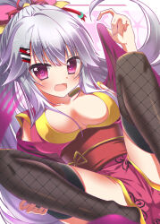 Rule 34 | 1girl, absurdres, alternate costume, alternate hairstyle, black thighhighs, blush, breasts, breasts apart, china dress, chinese clothes, collarbone, commentary, dress, dutch angle, fang, feet out of frame, fishnet thighhighs, fishnets, floral print, floral print dress, furrowed brow, grey hair, hair between eyes, hair ornament, hair over breasts, hair ribbon, hair spread out, hairclip, hanasaki work spring, hand up, highres, knees up, large breasts, long hair, looking at viewer, lying, on back, open mouth, parallel hairclips, pelvic curtain, pink dress, pink ribbon, ponytail, print dress, red eyes, red ribbon, red sash, ribbon, sash, shiranui inori, sidelocks, solo, spread legs, sukonbu385, thighhighs, very long hair, watermark, wavy mouth, yellow ribbon