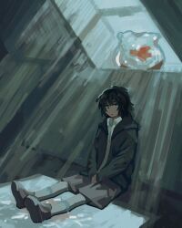 1boy black_hair blue_eyes brown_shoes brown_shorts cyberseaurchin dark-skinned_male dark_skin expressionless fish fishbowl goldfish green_jacket indoors jacket male_focus original shoes short_hair shorts sitting solo window