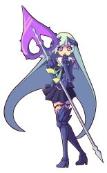 Rule 34 | 1girl, absurdres, black boots, black gauntlets, black skirt, blue hair, boots, breasts, brynhild (fate), brynhild romantia, daigada, fate/grand order, fate (series), hand on own chin, highres, holding, holding polearm, holding weapon, leg tattoo, light frown, long hair, polearm, purple eyes, skirt, spear, tattoo, thinking, transparent background, very long hair, weapon