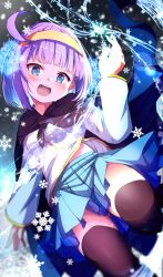 1girl :d absurdres ahoge black_cape black_cloak black_thighhighs blue_eyes blue_skirt blurry blurry_background blurry_foreground blush breasts cape cloak commission depth_of_field gluteal_fold hair_ornament hairband hand_up highres long_sleeves looking_at_viewer magic magic_circle midriff_peek open_mouth original pleated_skirt puffy_long_sleeves puffy_sleeves purple_hair shiro9jira shirt short_hair skeb_commission skirt sleeves_past_wrists small_breasts smile snowflakes solo teeth thighhighs upper_teeth_only v-shaped_eyebrows white_shirt yellow_hairband