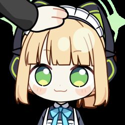 1girl 1other :3 animal_ear_headphones animal_ears animated animated_gif apron aqua_bow aqua_bowtie black_dress blinking blonde_hair blue_archive blunt_bangs blunt_ends blush_stickers bow bowtie cat_ear_headphones cat_ears chibi chunye_haruya closed_mouth collared_dress commission contrast_collar dot_nose dress fake_animal_ears green_eyes green_halo halo headpat headphones long_sleeves looking_up looping_animation lowres maid maid_apron maid_headdress midori_(blue_archive) midori_(maid)_(blue_archive) missing_commentary official_alternate_costume official_alternate_hairstyle ponytail second-party_source short_hair sidelocks simple_background smile solo_focus transparent_background upper_body white_apron white_headdress