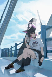 Rule 34 | 1girl, absurdres, animal ears, black hair, black mask, black shoes, black socks, blue archive, blush, bottle, cat ears, cat girl, closed mouth, colored inner animal ears, colored inner hair, halo, highres, holding, holding bottle, kazusa (band) (blue archive), kazusa (blue archive), kneehighs, looking at viewer, mask, momocadraw, mouth mask, multicolored hair, official alternate costume, pink eyes, pink hair, pink halo, shirt, shoes, short sleeves, sitting, skirt, smile, socks, solo, t-shirt, two-tone hair, water bottle, white shirt, white skirt