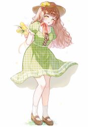 1girl :o arms_behind_back blush bouquet brown_hair brown_shoes collarbone commentary dress english_commentary flower full_body green_dress highres holding holding_bouquet ilis_0226 long_hair looking_at_viewer neck_ribbon open_mouth original plaid_clothes plaid_dress puffy_short_sleeves puffy_sleeves red_ribbon ribbon shoes short_sleeves simple_background socks solo standing white_background white_socks yellow_eyes