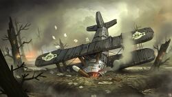 aircraft airplane artist_logo bare_tree cloud cloudy_sky commentary crash crash_landing dirt english_commentary envelope fire fog glowing highres logo no_humans original outdoors paper scenery sky smoke tree waltjan wreckage