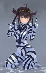 Rule 34 | 1girl, black hair, black headband, bodysuit, breasts, covered navel, dazzle paint, hachimaki, hair between eyes, hair flaps, hatsuzuki (kancolle), headband, highres, impossible bodysuit, impossible clothes, kantai collection, looking at viewer, medium breasts, raftetram, skin tight, solo, striped bodysuit, yellow eyes