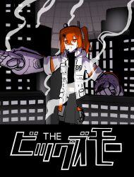 1girl a.i._voice adachi_rei android belt building city clenched_hand commentary commentary_request cropped_legs crossed_bangs dome english_commentary english_text giant giantess grey_skirt greyscale hair_between_eyes hair_ornament hair_ribbon hairclip headlamp high_collar highres hood hood_down hooded_jacket jacket jitome mechanical_arms medium_hair microphone mixed-language_commentary monochrome no_pupils one_side_up open_clothes open_jacket open_mouth orange_belt orange_eyes orange_hair outstretched_arm oversized_limbs parody pleated_skirt ribbon shirt skirt skyscraper smile smoke smoke_trail solo spot_color teckinder the_big_o title_parody turtleneck underlighting utau